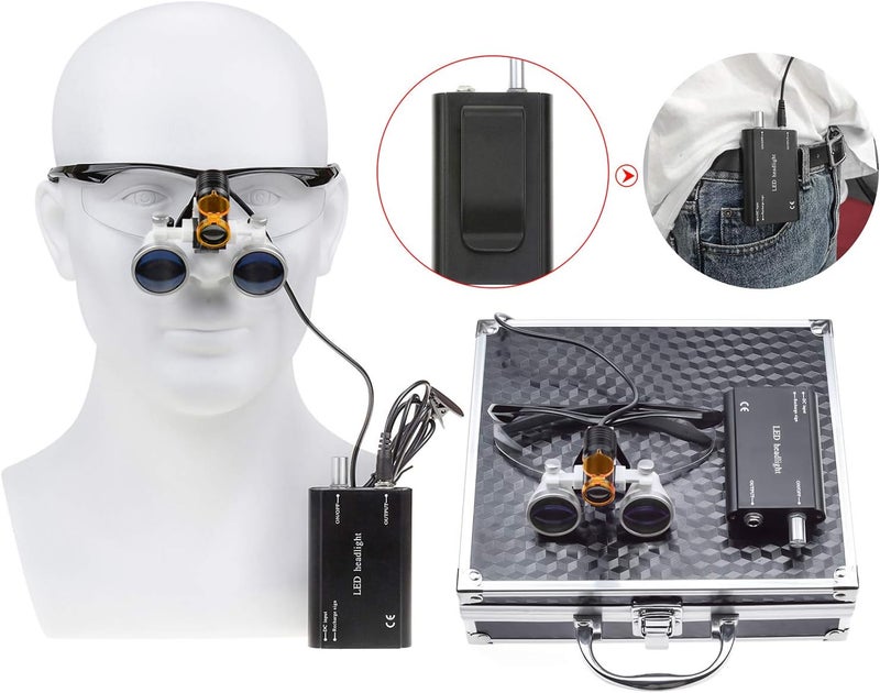 EustomA 3.5X Binocular Loupes+5W LED Headlight Clip-on Type with Optics Filter with Aluminum Box DY-008 (Black) - Image 2